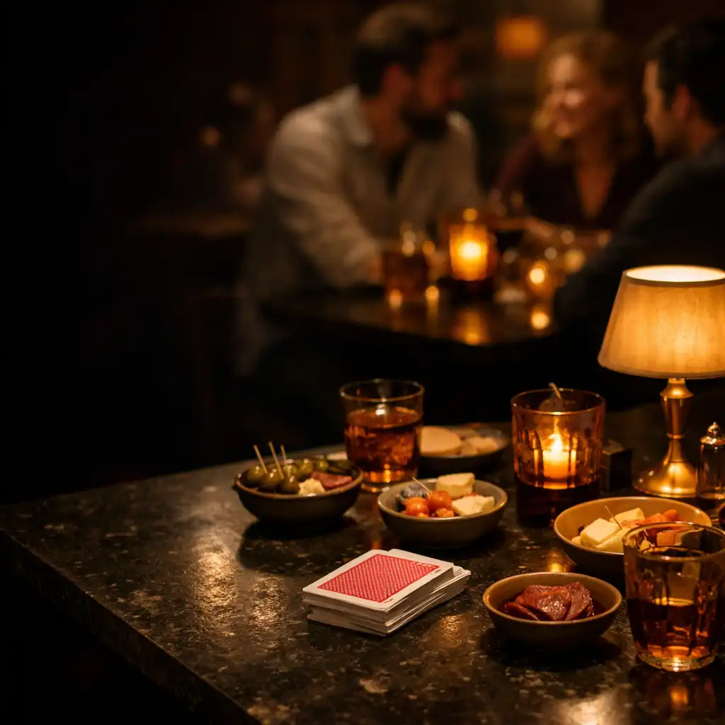 Jantarové sklo a společný stůl v českém restaurant lounge