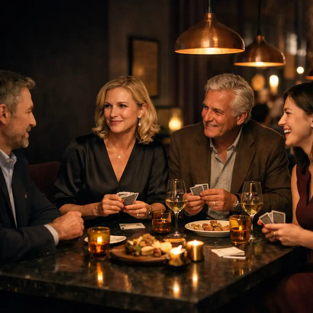 Malá skupina u tmavého stolu v teple osvětleném restaurant lounge