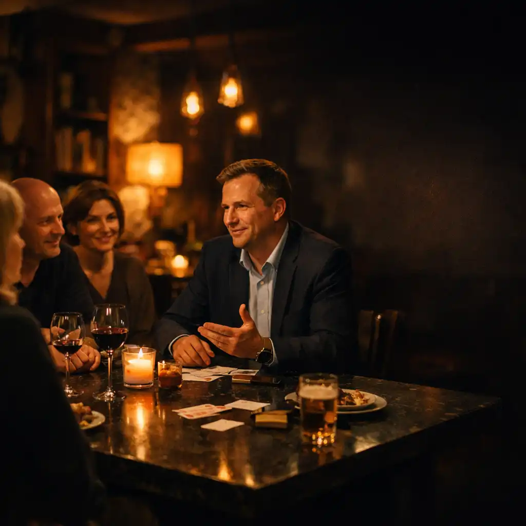 Hostitel vede malou skupinu dospělých u prostřeného stolu v útulném restaurant lounge.