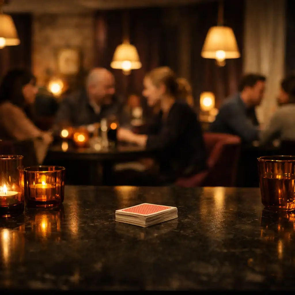 Teplě osvětlený stůl v českém restaurant lounge s hosty v pozadí