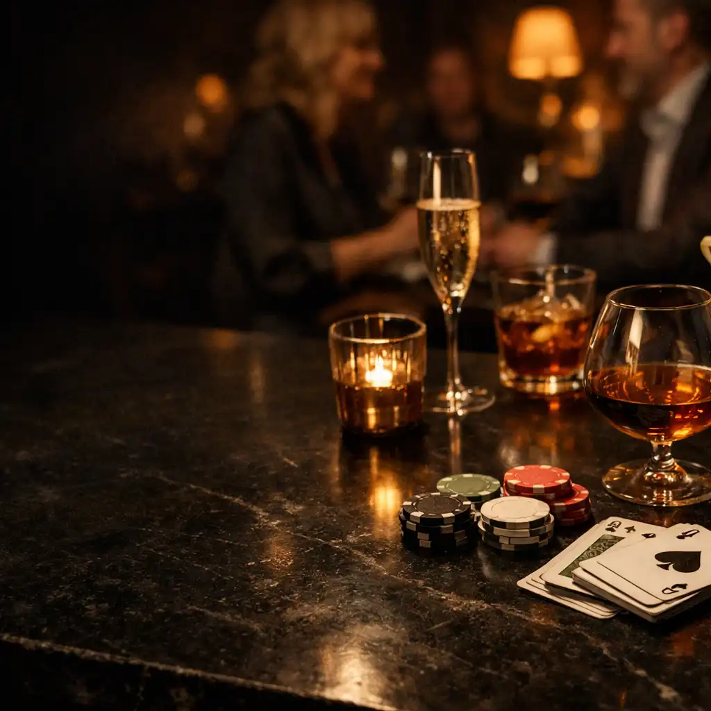Tmavý lounge stůl se sklenicemi, kartami jako společenskými rekvizitami a teplým světlem