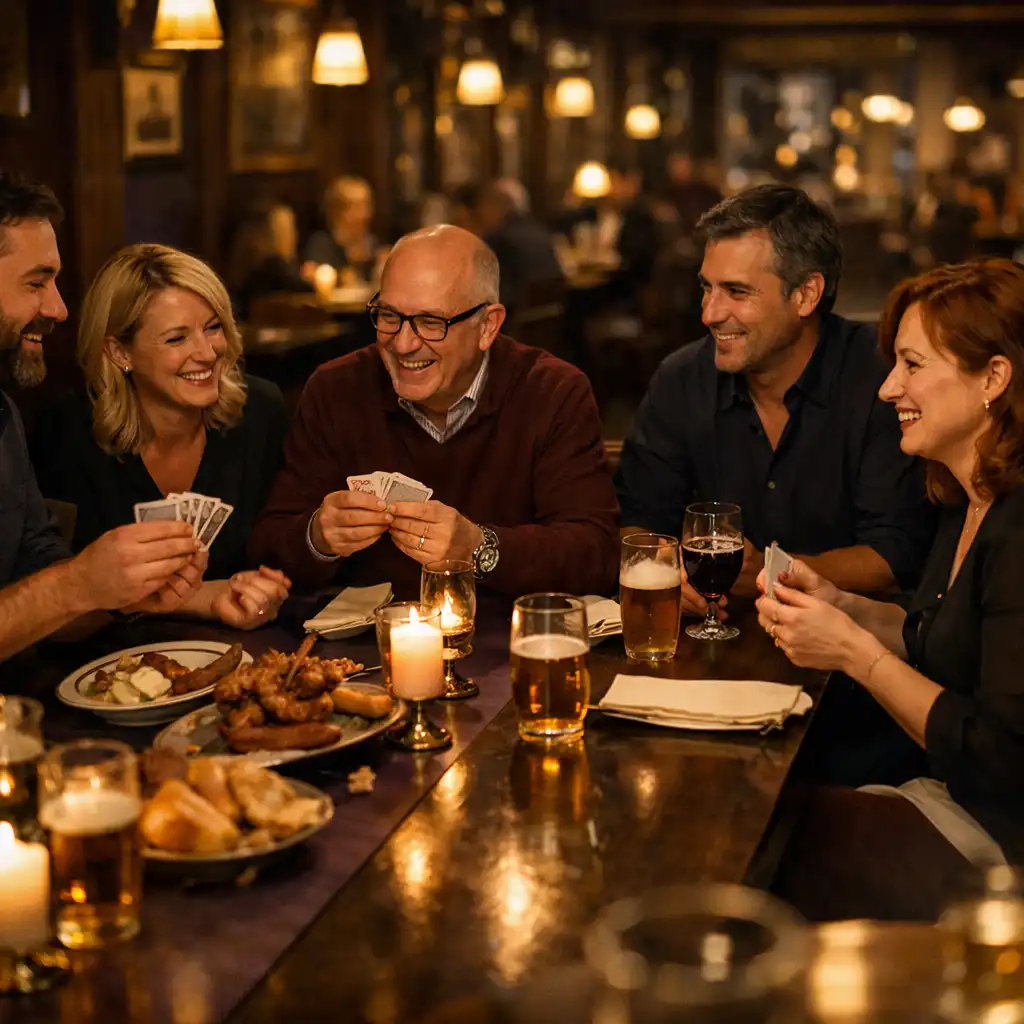 Hosté sdílejí večeři a rozhovor u dlouhého stolu v restaurant lounge