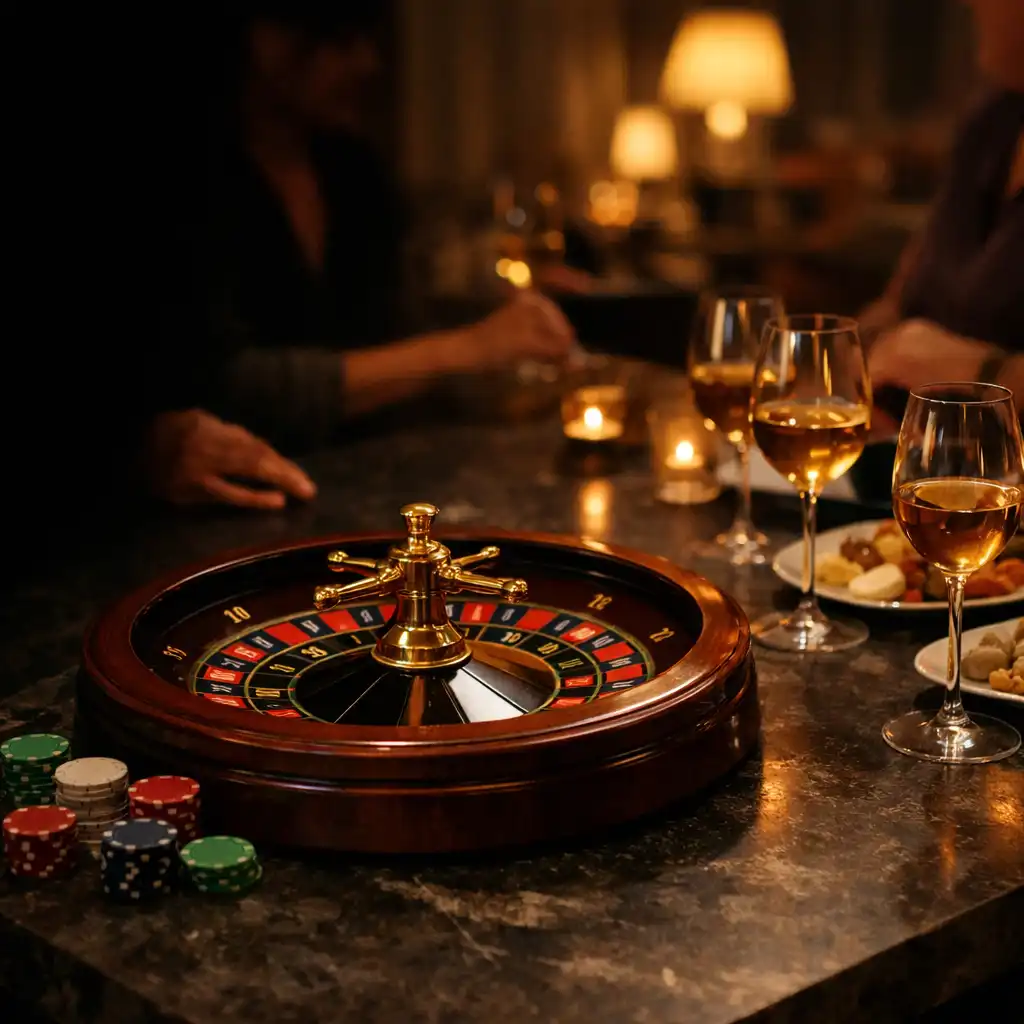 Ruletové kolo, sklenice a ruce hostů u tmavého stolu v restaurant lounge