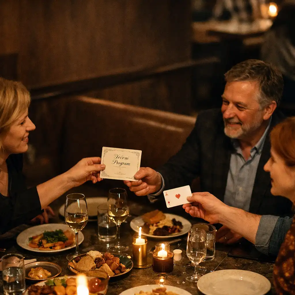 Hosté sdílejí večer u prostřeného stolu v restaurant lounge