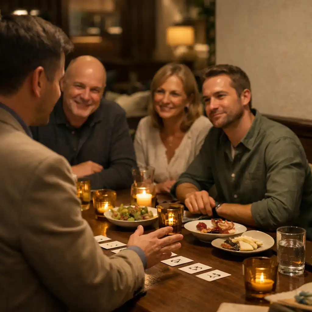 Hostitel u stolu provází malou skupinu při společenském večeru v restaurant lounge