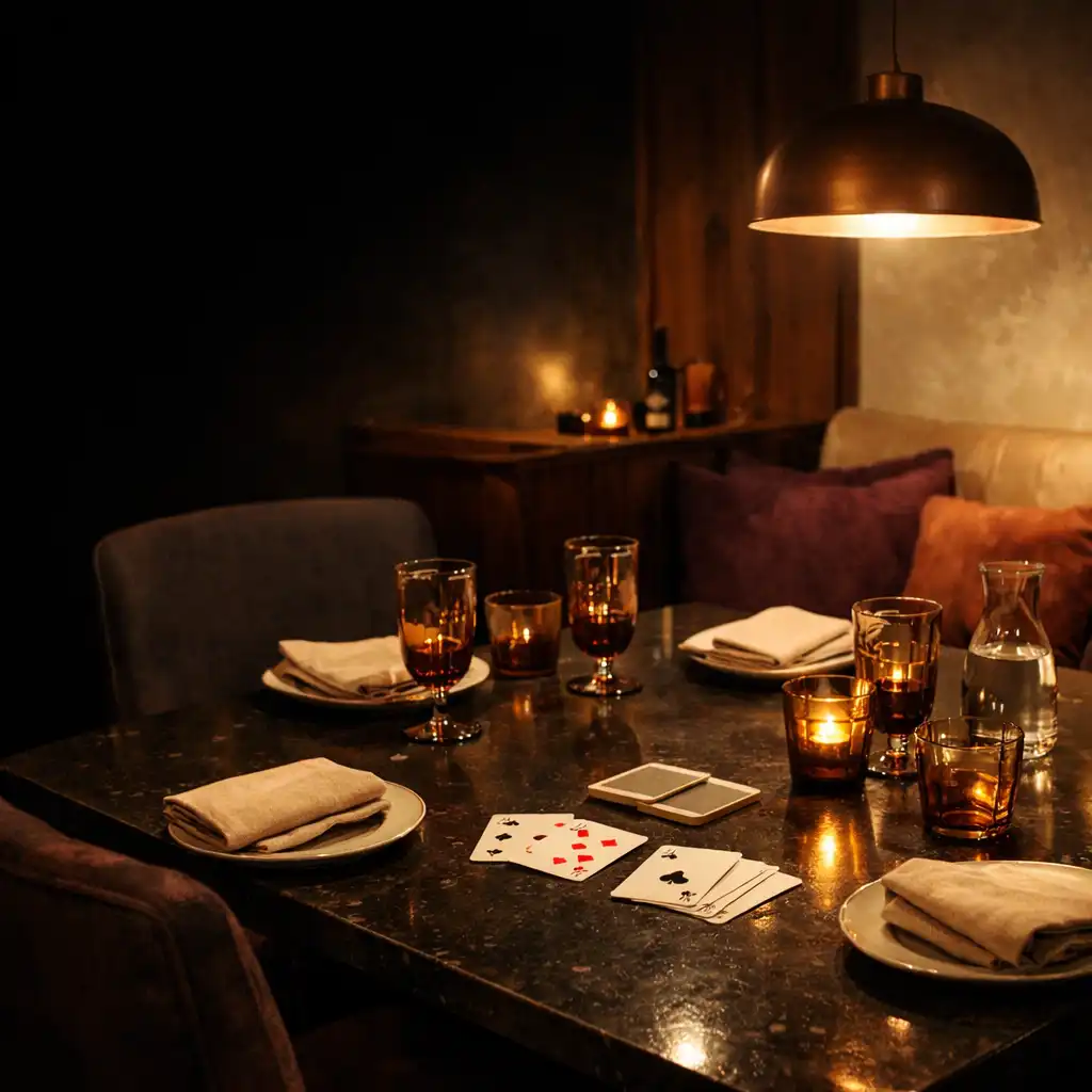 Teple nasvícený stůl připravený pro soukromé setkání v restaurant lounge