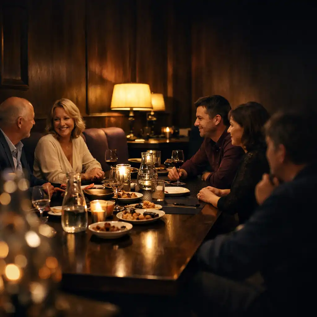Intimně připravený dlouhý stůl pro malou skupinu dospělých v českém restaurant lounge.
