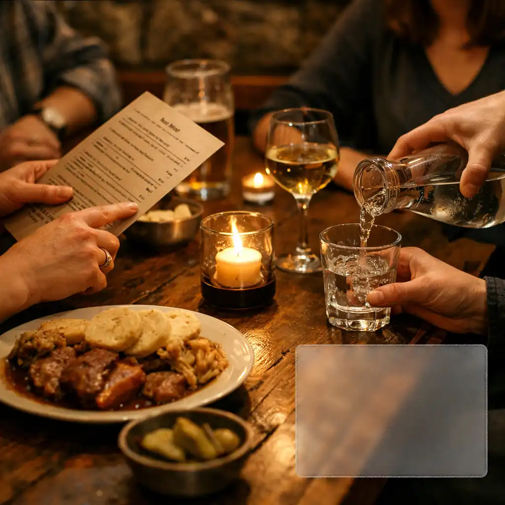 Ruce hostů sdílející menu a večeři u společného stolu v restaurant lounge